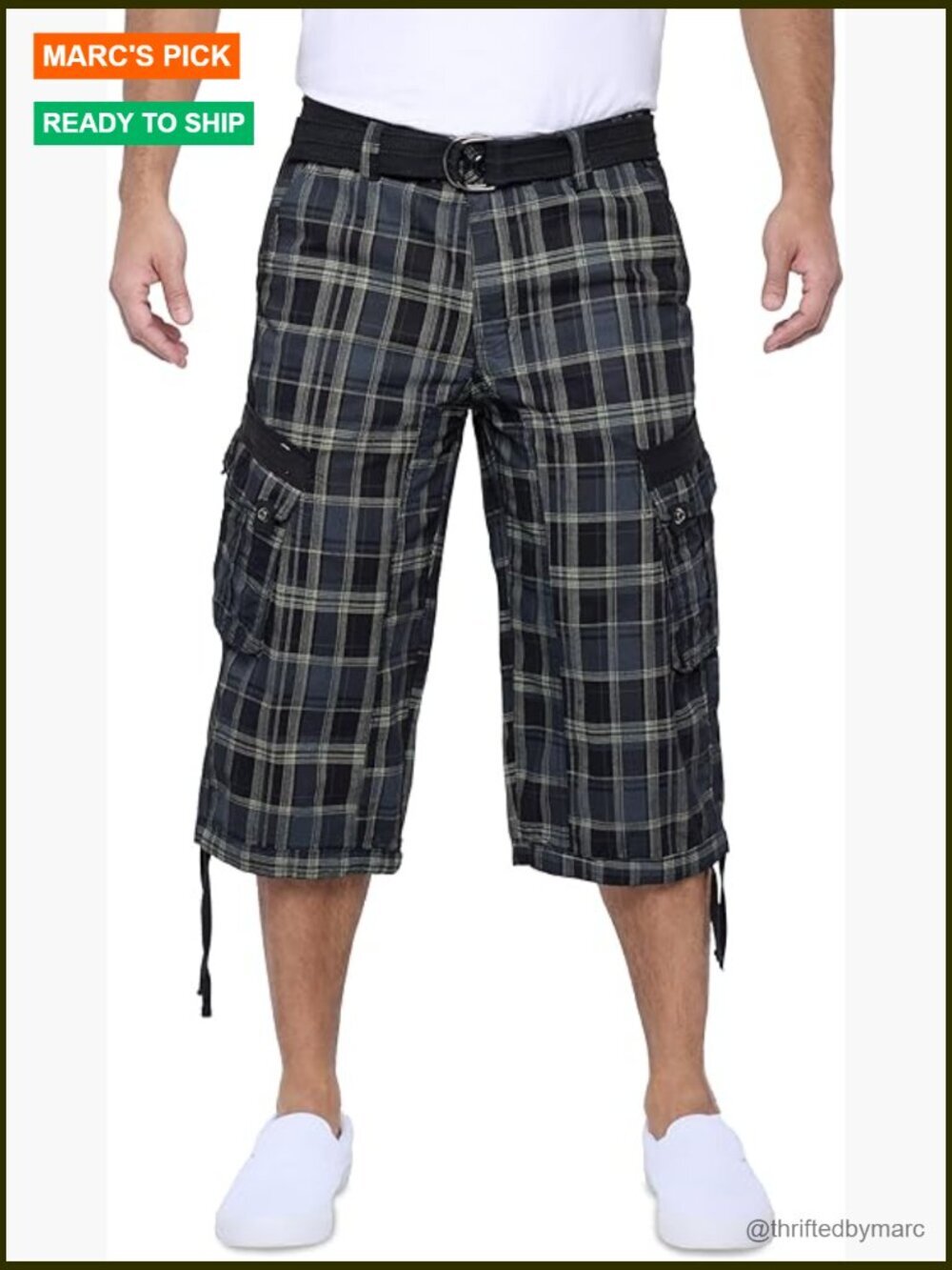 Men's Belted Long Cargo Shorts Below Knee 18" Inseam 100% Cotton 8 Pockets